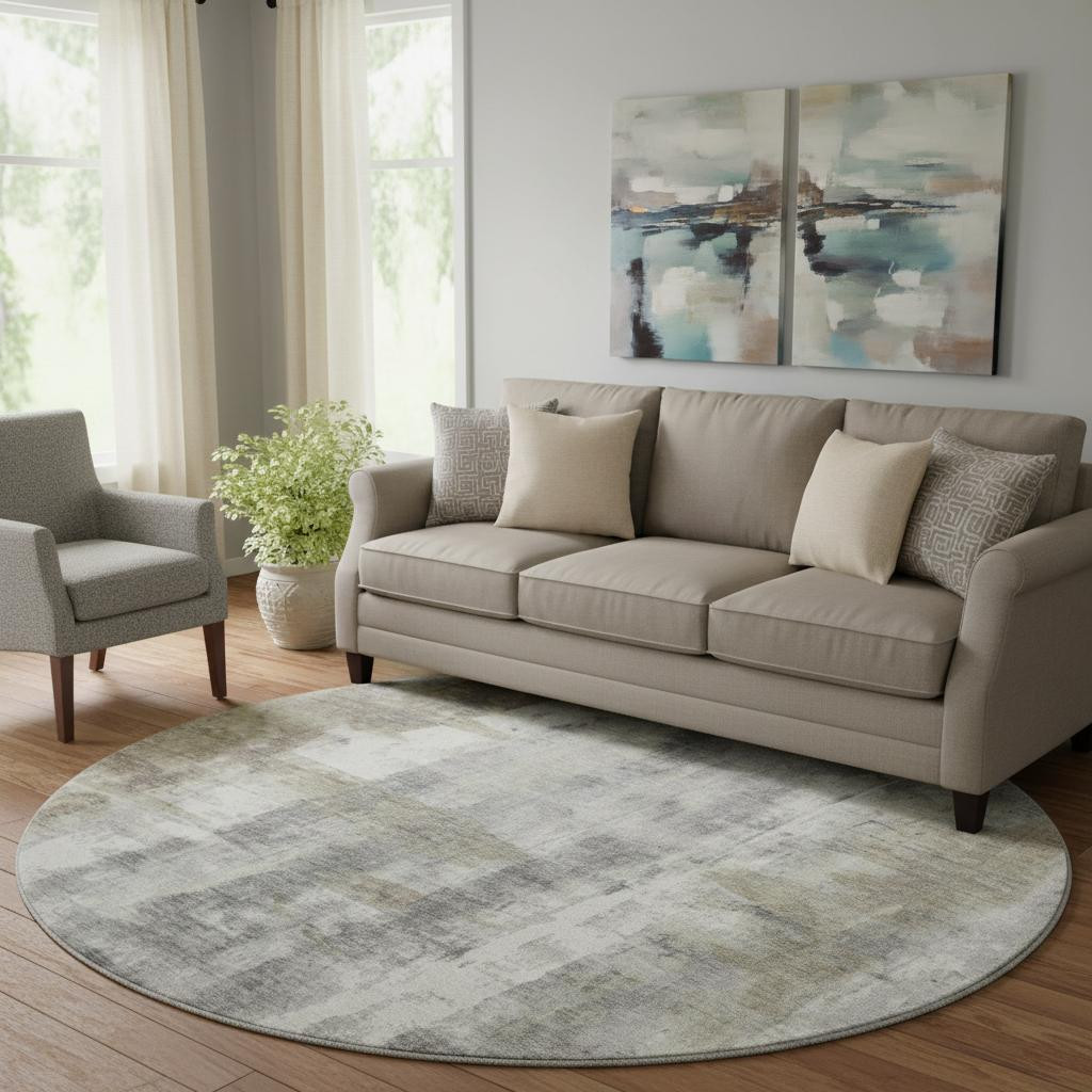 719271 8 ft. Beige Gray & Ivory Abstract Washable Round Rug with UV Protection