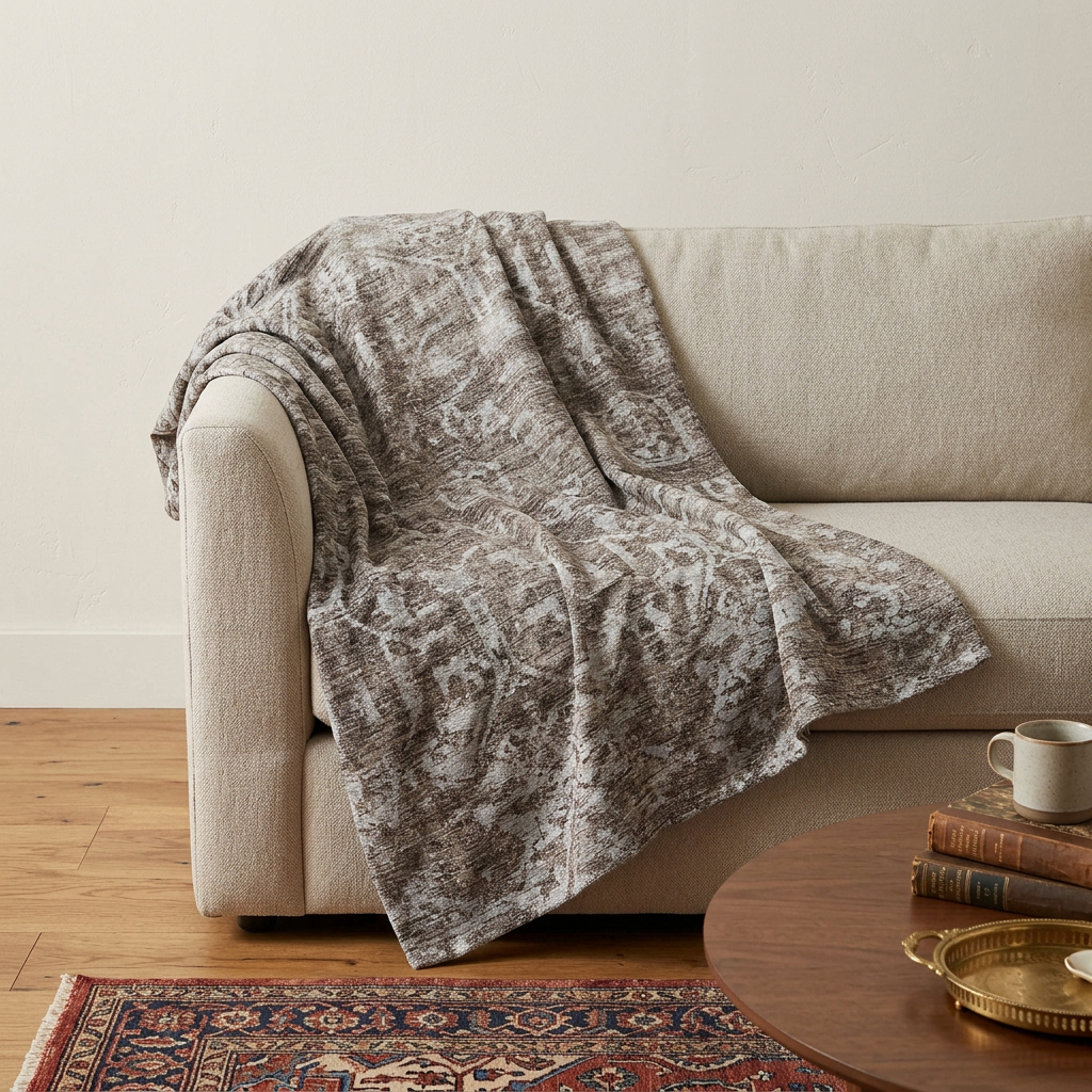 712273 50 x 70 in. Brown & Beige Damask Polyester Woven Plush Throw Blanket