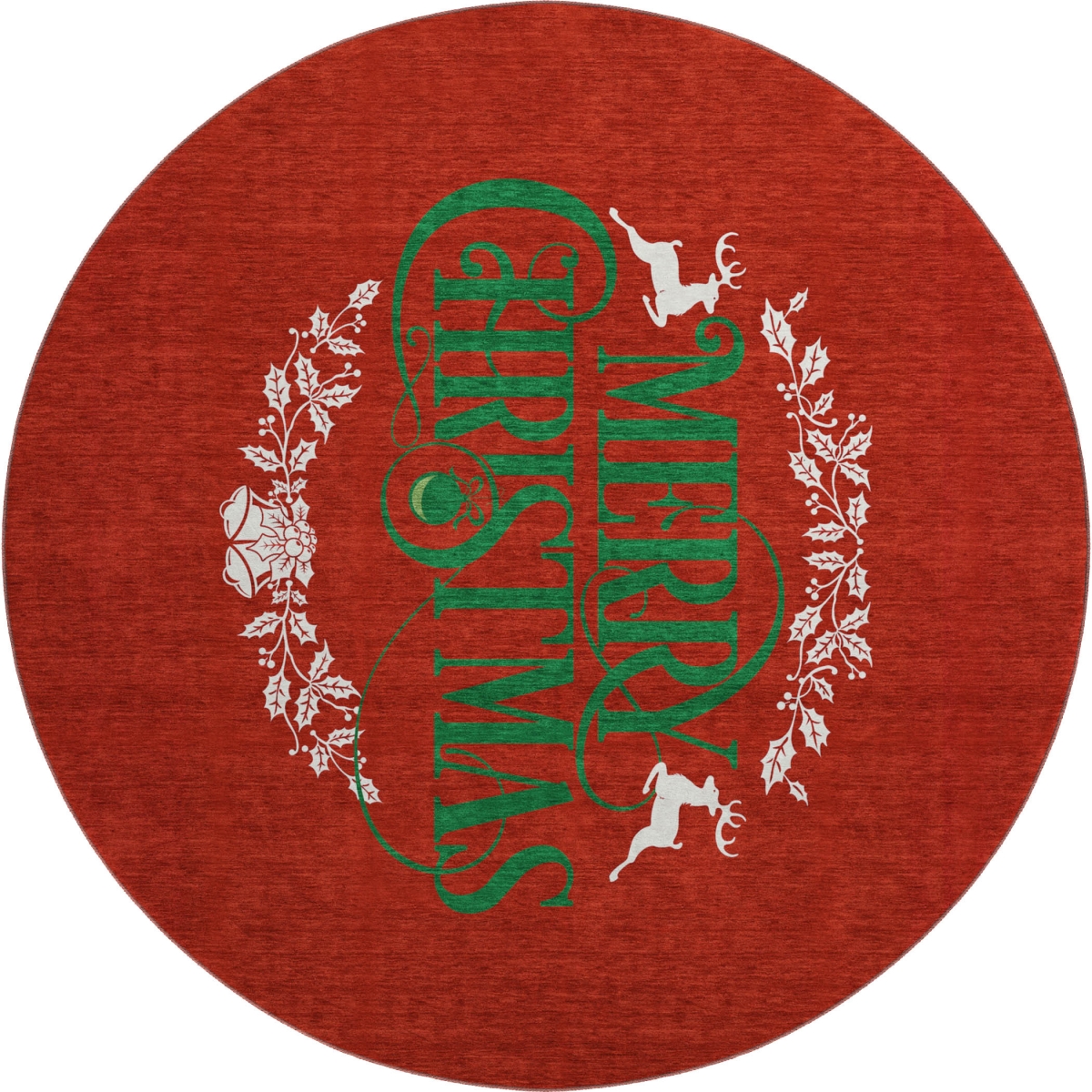 646436 8 ft. Ruby Red Green & Ivory Christmas Washable Round Rug with UV Protection