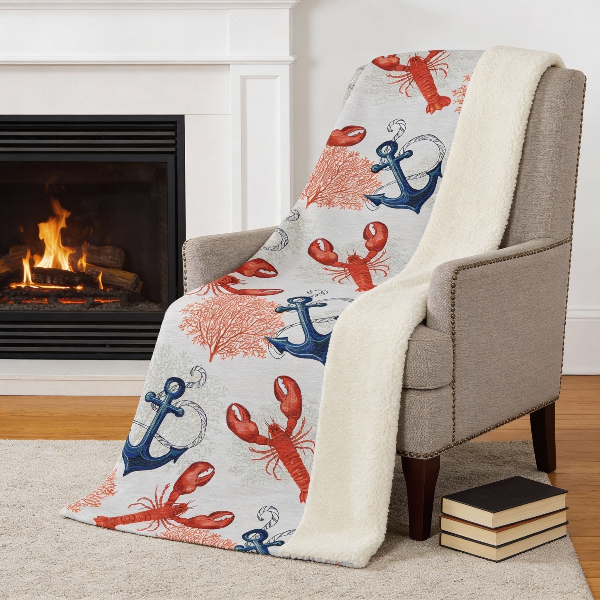 712531 50 x 70 in. Ivory Red & Blue Microfiber Coastal Nautical Plush Throw Blanket
