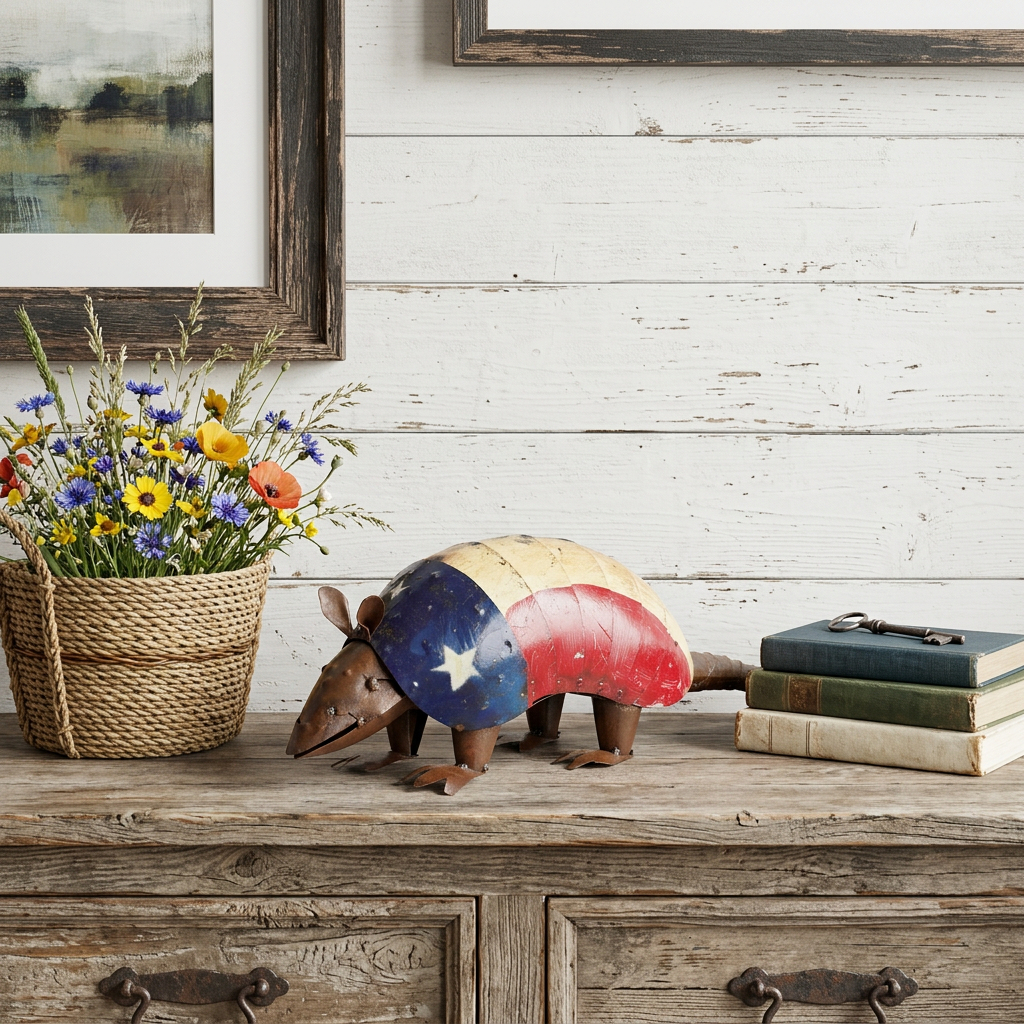 724407 16 in. Red Off White & Blue Metal Armadillo Tabletop Sculpture