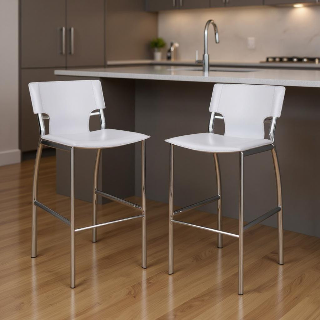 555052 25 in. White & Silver Faux Leather & Metal Low Back Counter Height Bar Chairs - Set of 2