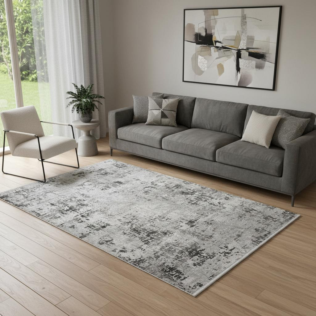 722511 5 x 8 ft. Gray & White Abstract Plush Acrylic Distressed Rectangle Area Rug with Fringe