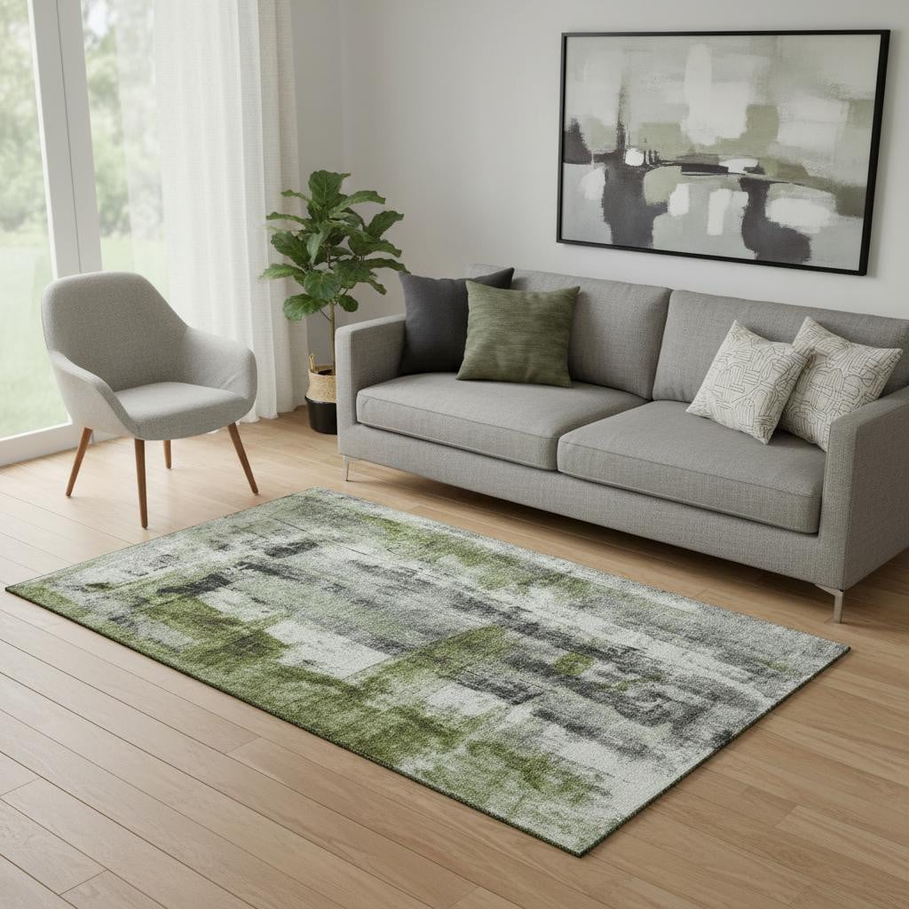 719276 5 x 8 ft. Olive Green Charcoal & Ivory Abstract Washable Rectangle Area Rug with UV Protection