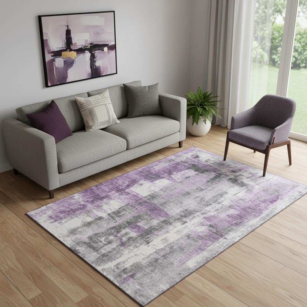 719282 5 x 8 ft. Purple Charcoal & Ivory Abstract Washable Rectangle Area Rug with UV Protection