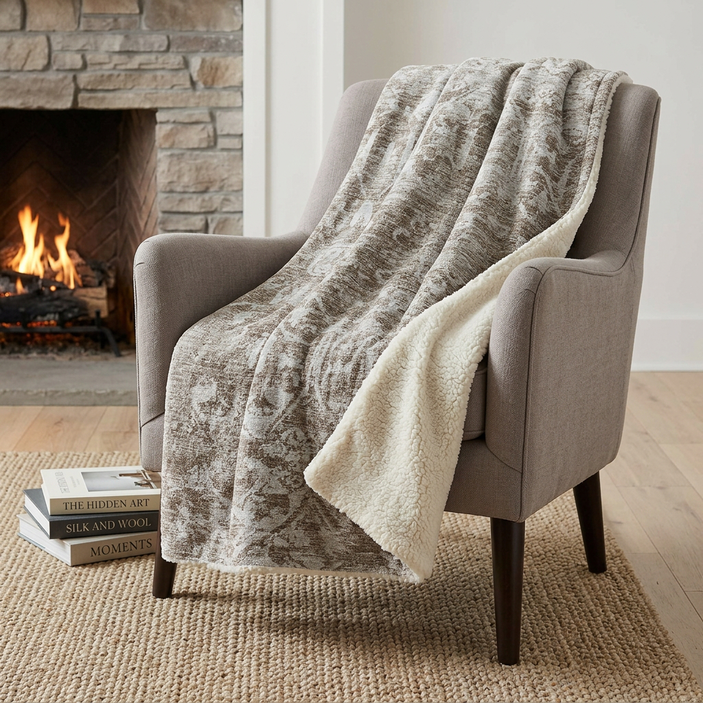 712271 50 x 70 in. Taupe & Beige Damask Polyester Woven Plush Throw Blanket