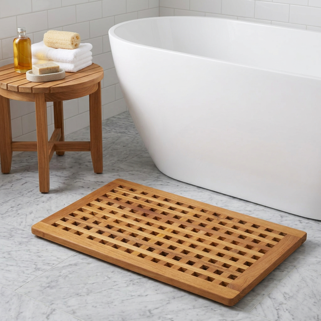 729127 16 in. Natural Teak Checkered Non Slip Bath Mat