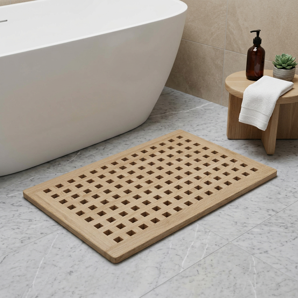 729129 16 in. Beige Gray Teak Checkered Non Slip Bath Mat