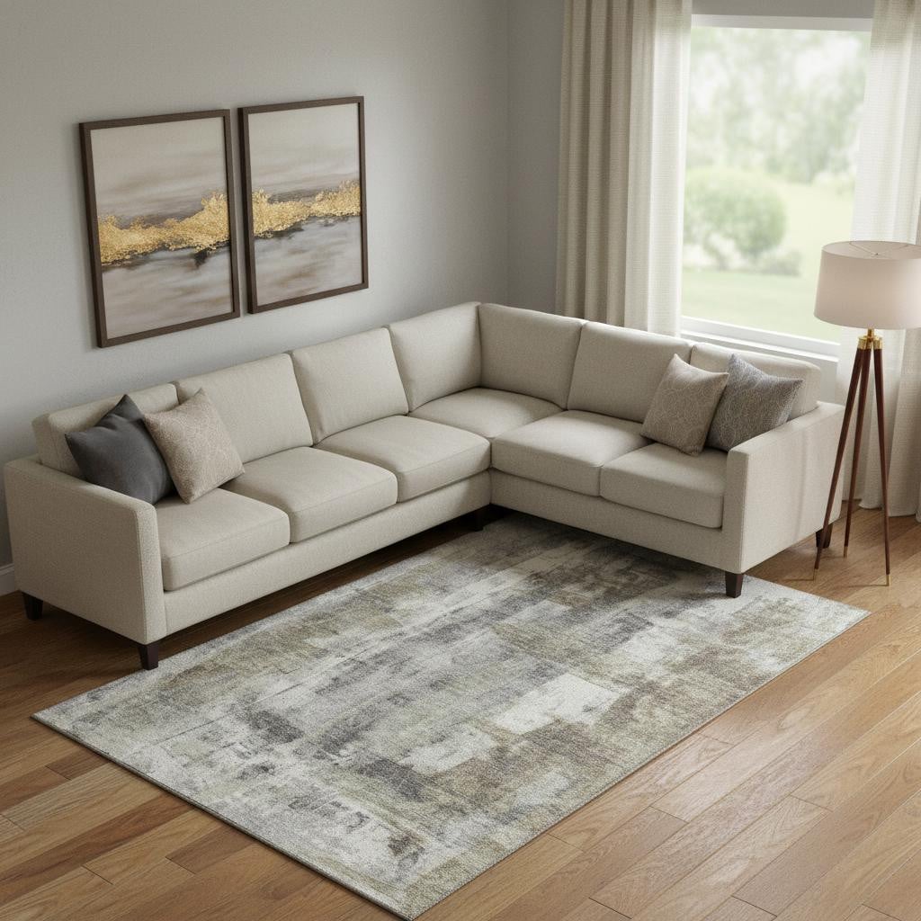 719272 8 x 10 ft. Beige Gray & Ivory Abstract Washable Rectangle Area Rug with UV Protection