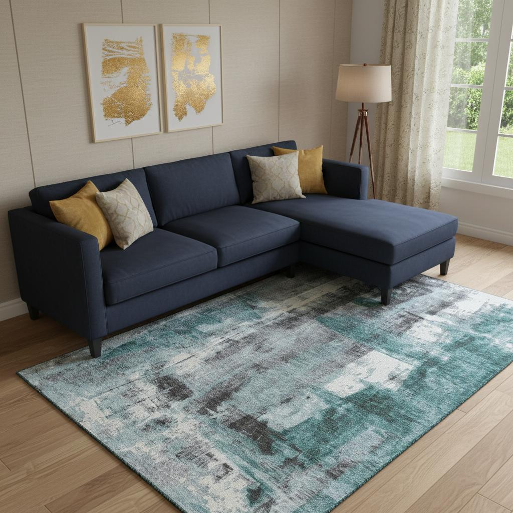 719290 8 x 10 ft. Teal Charcoal & Ivory Abstract Washable Rectangle Area Rug with UV Protection