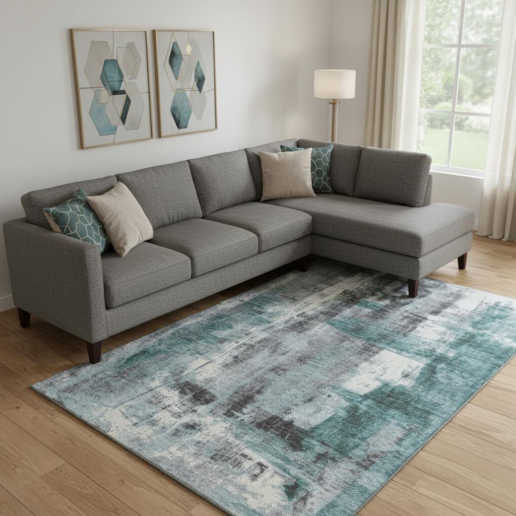 719292 10 x 14 ft. Teal Charcoal & Ivory Abstract Washable Rectangle Area Rug with UV Protection