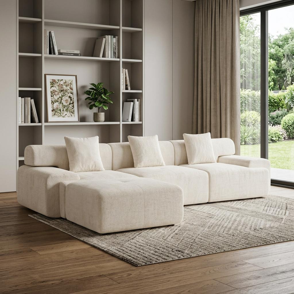 725195 118 in. Beige Chenille Modular Sofa with Ottoman & Toss Pillows