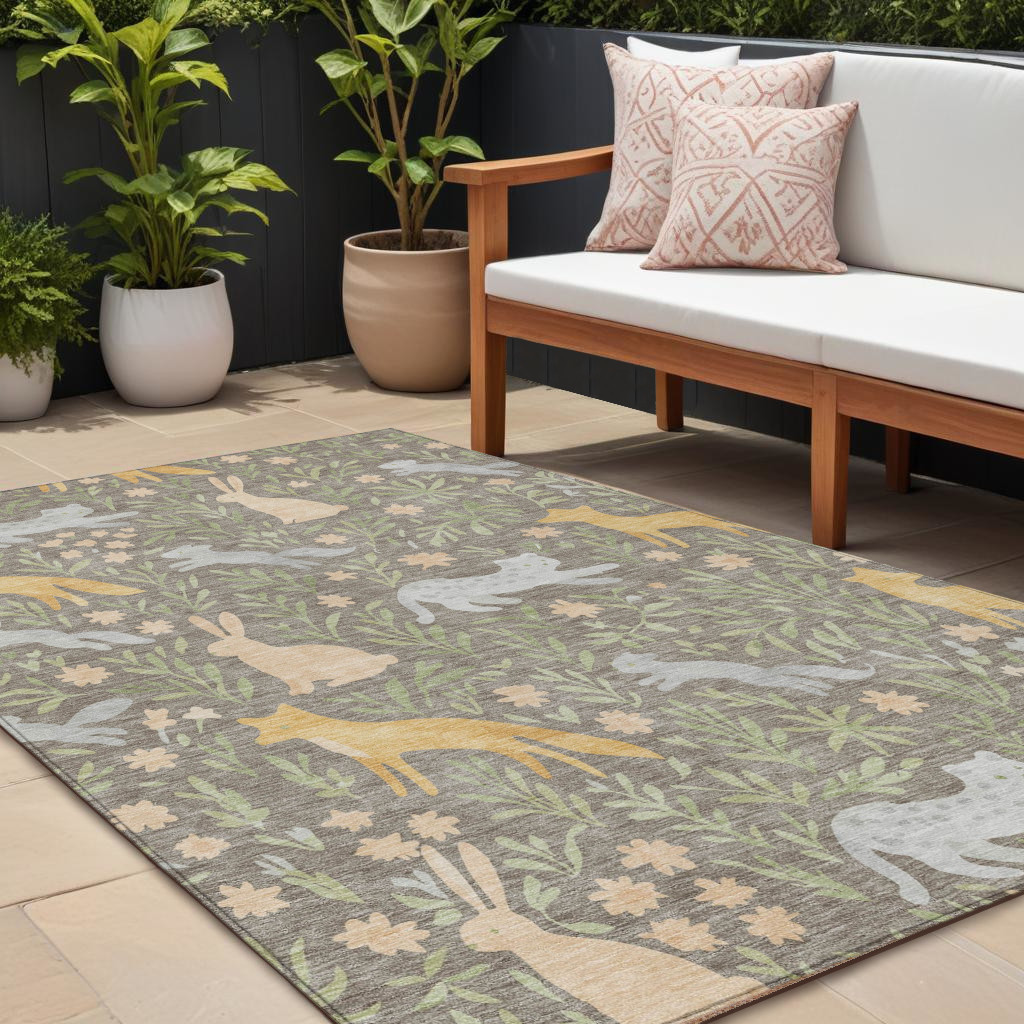 728257 10 x 14 ft. Taupe & Green Forest Animals & Botanical Leaves Washable Rectangle Area Rug
