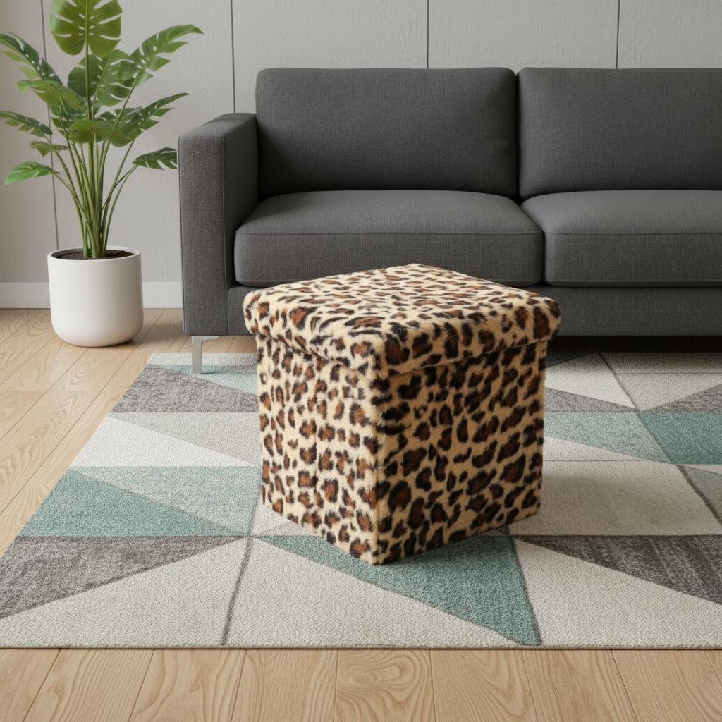 712824 12 in. Black & Tan Faux Fur Leopard Storage Ottoman