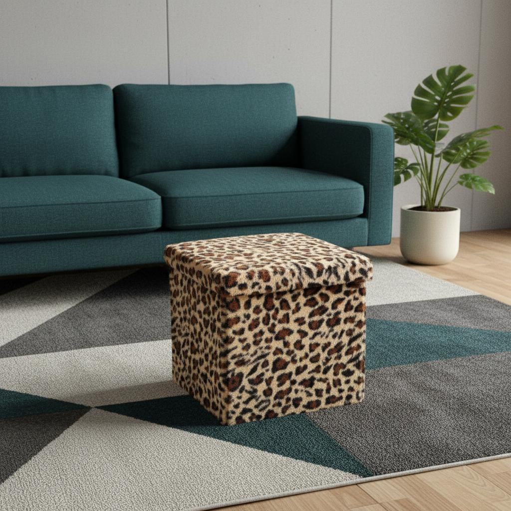 712827 15 in. Tan & Black Faux Fur Leopard Storage Ottoman