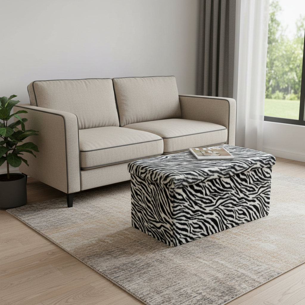 712831 30 in. Black & White Faux Fur Zebra Storage Ottoman