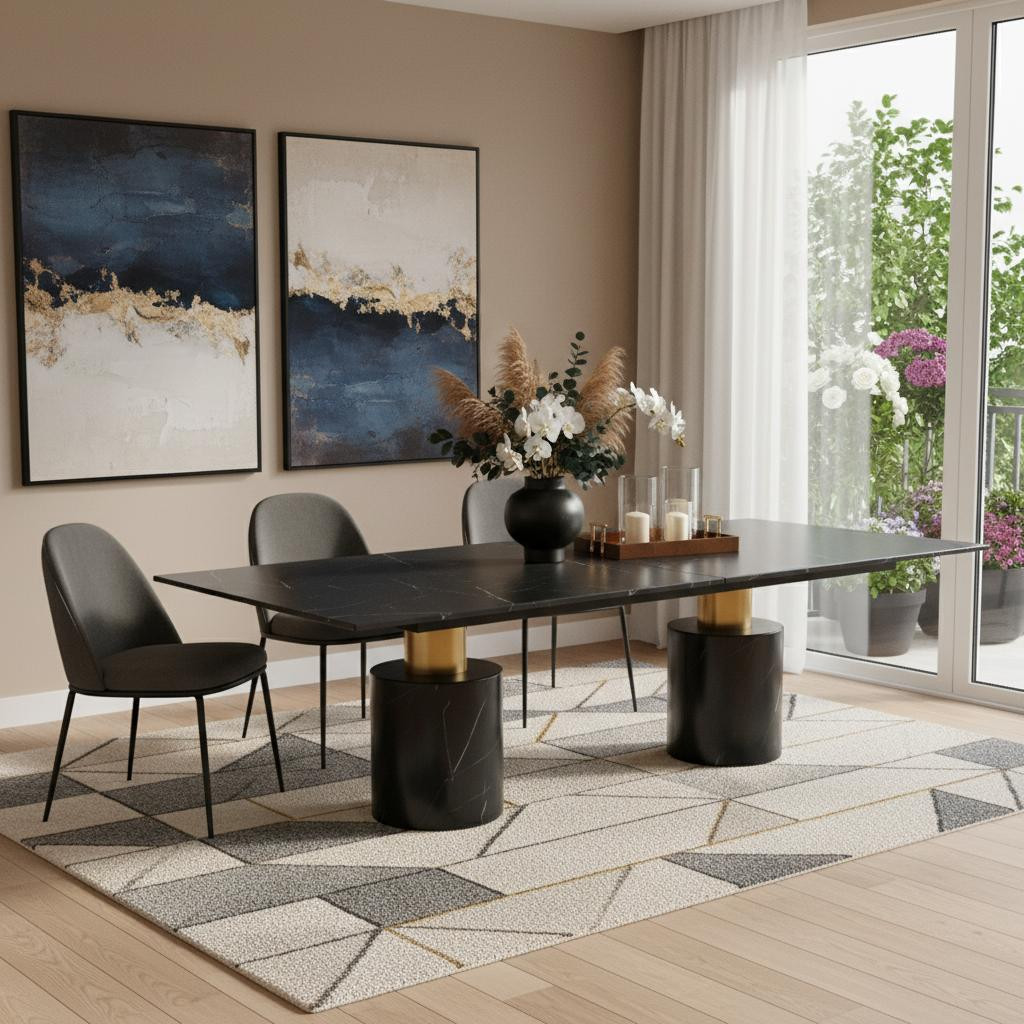 722447 180 in. Black & Gold Marble & Steel Double Pedestal Base Dining Table