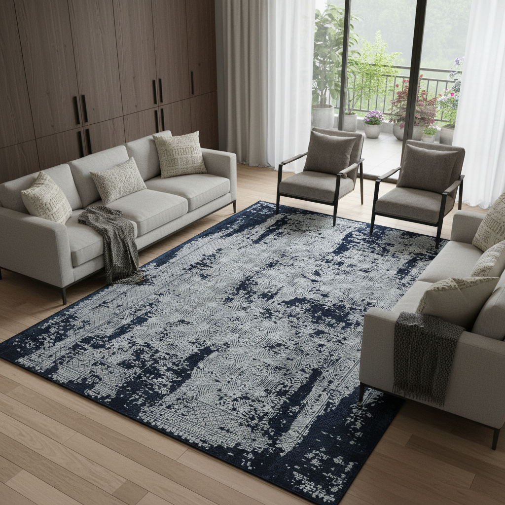 722507 7 x 10 ft. Gray & Navy Blue Abstract Distressed Rectangle Area Rug with Fringe