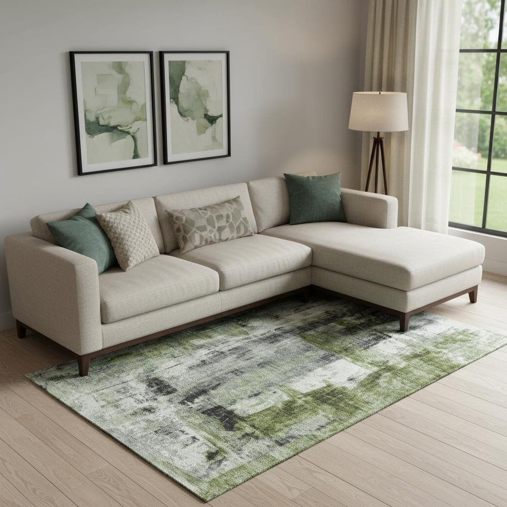 719278 8 x 10 ft. Olive Green Charcoal & Ivory Abstract Washable Rectangle Area Rug with UV Protection