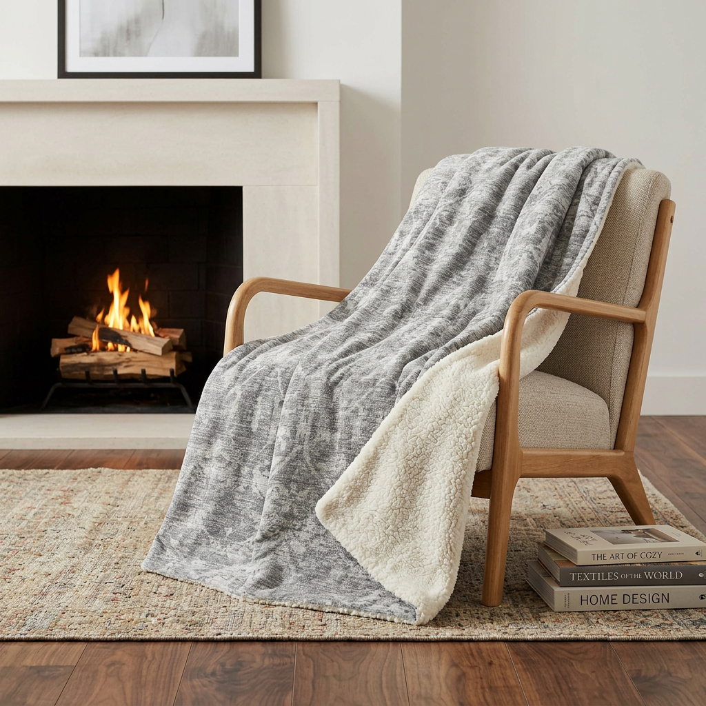 712274 50 x 70 in. Gray & Ivory Damask Polyester Woven Plush Throw Blanket