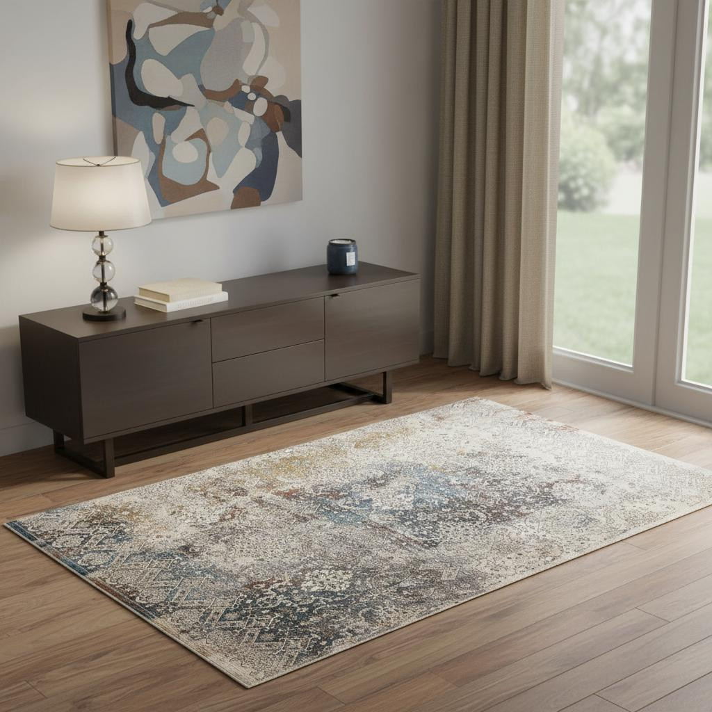 722501 4 x 6 ft. Blue & Orange Medallion Distressed Rectangle Area Rug with Fringe