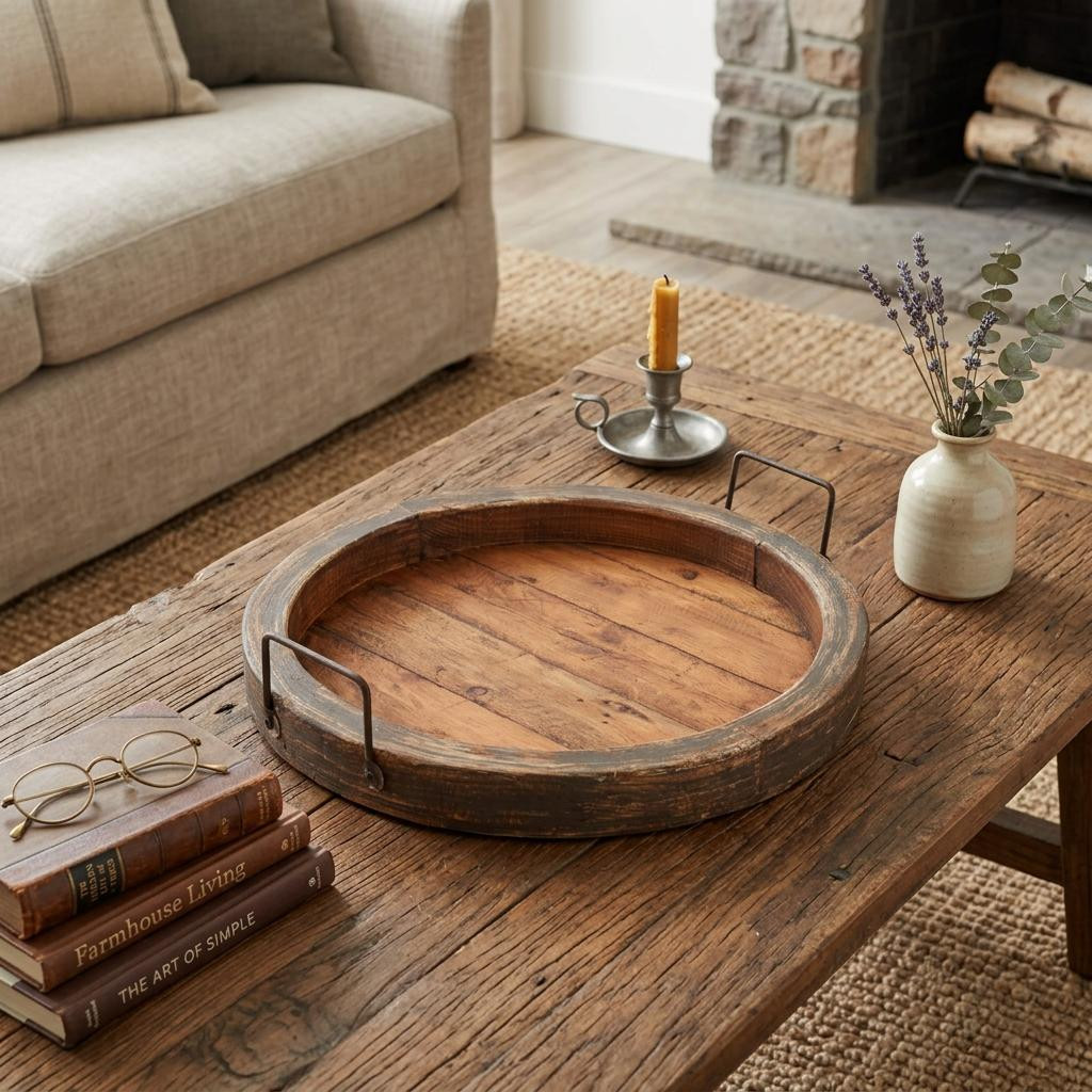 724233 15 in. Gray & Natural Solid Wood Handmade Round Serving Tray with Handles