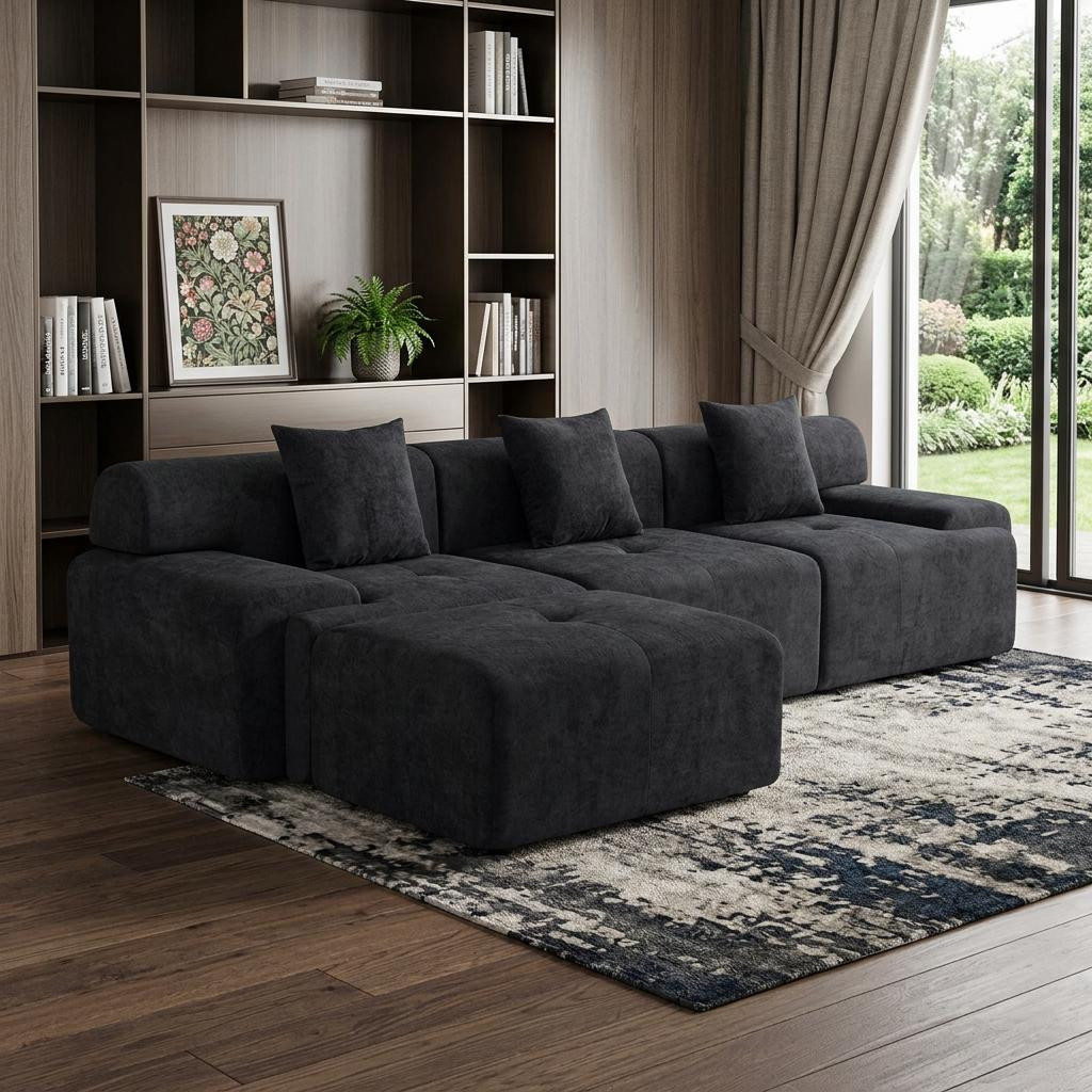 725196 118 in. Black Chenille Modular Sofa with Ottoman & Toss Pillows