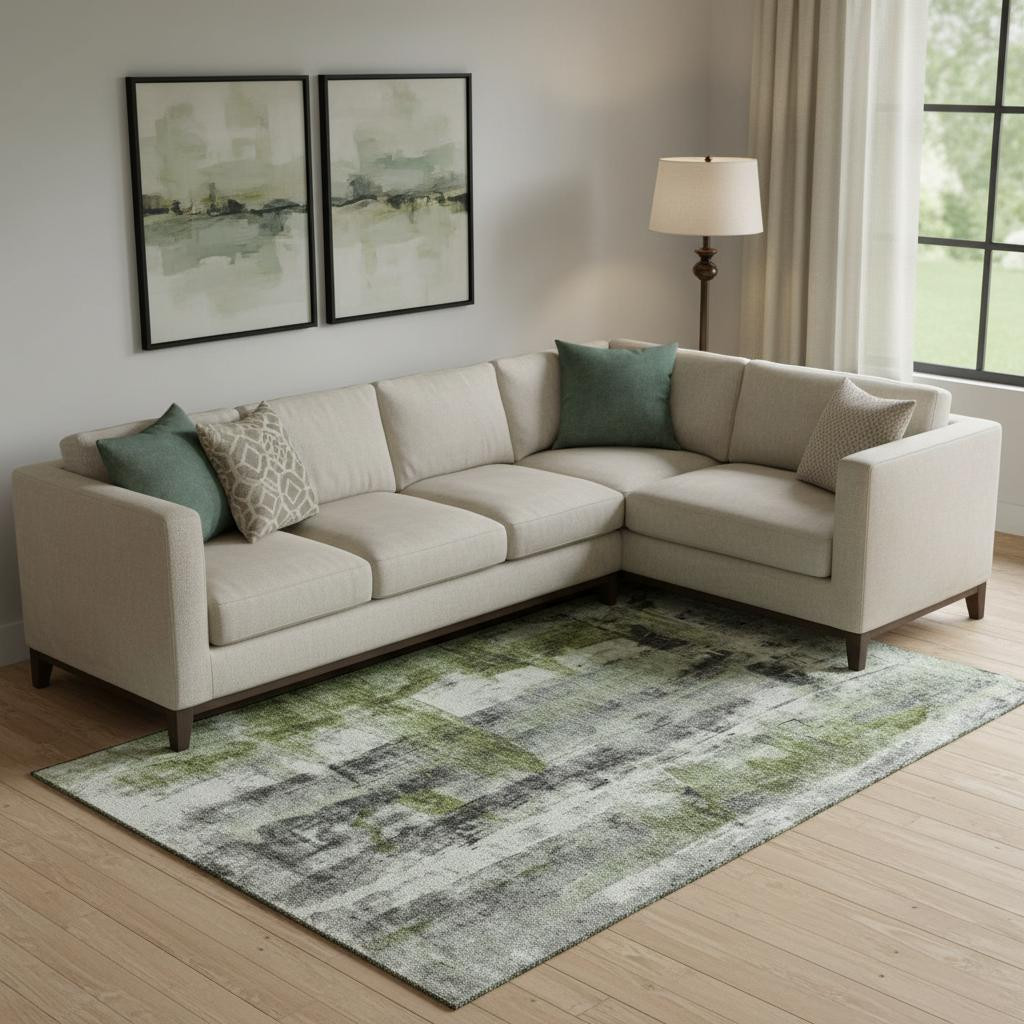 719280 10 x 14 ft. Olive Green Charcoal & Ivory Abstract Washable Rectangle Area Rug with UV Protection