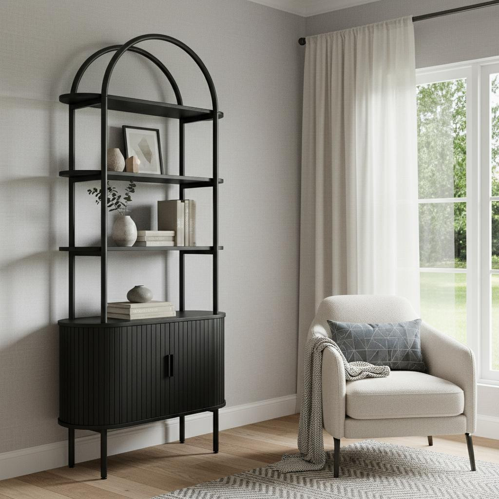 723812 71 in. Black Wood Four Tier Arched Etagere Bookcase with Two Doors