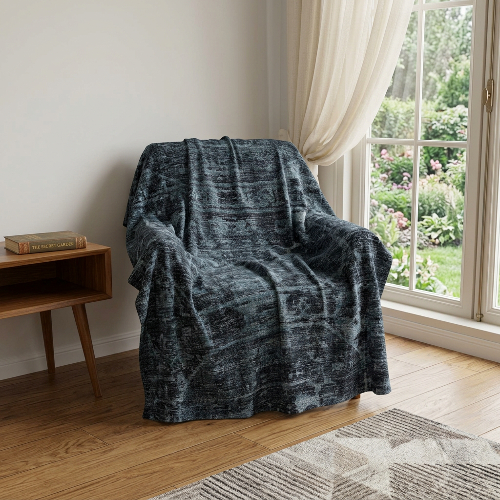 712282 50 x 70 in. Navy Blue & Gray Damask Polyester Woven Plush Throw Blanket
