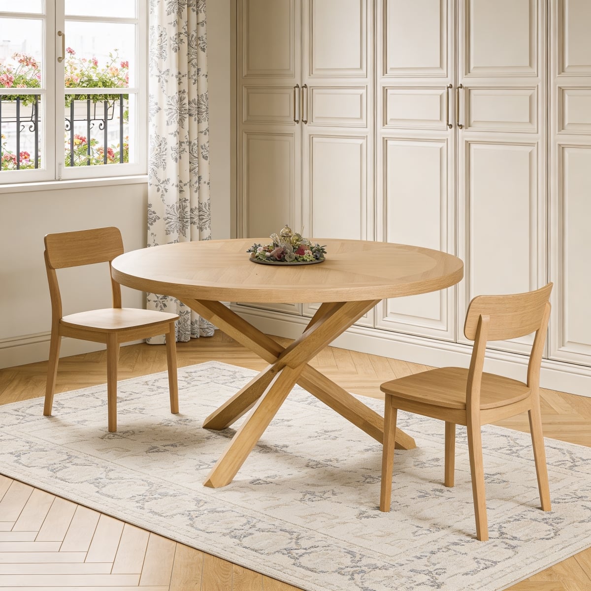 631294 54 in. Oak Wood Cross Leg Base Round Top Dining Table