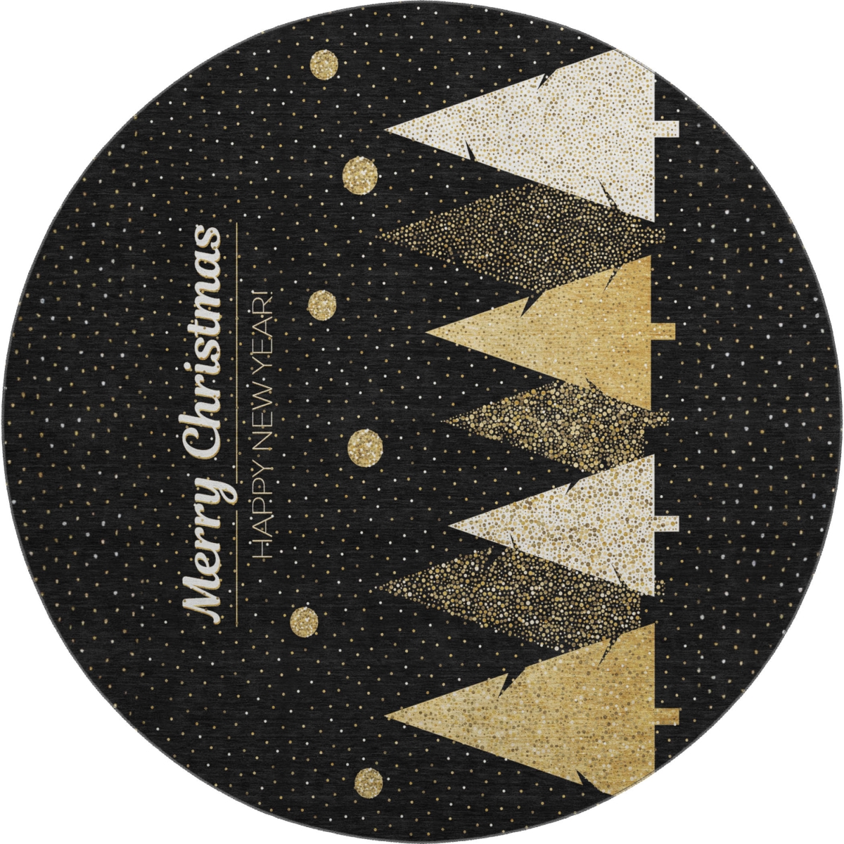 646466 8 ft. Black Gold & Ivory Christmas Tree Washable Round Rug with UV Protection