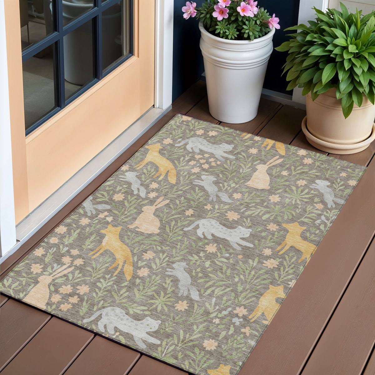 728252 3 x 5 ft. Taupe & Green Forest Animals & Botanical Leaves Washable Rectangle Area Rug