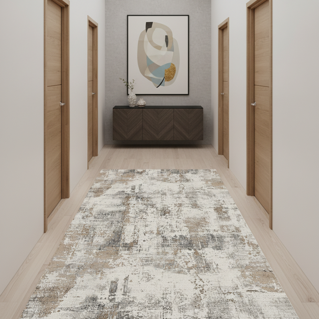 722509 10 ft. Brown & Gray Abstract Distressed Runner Rug