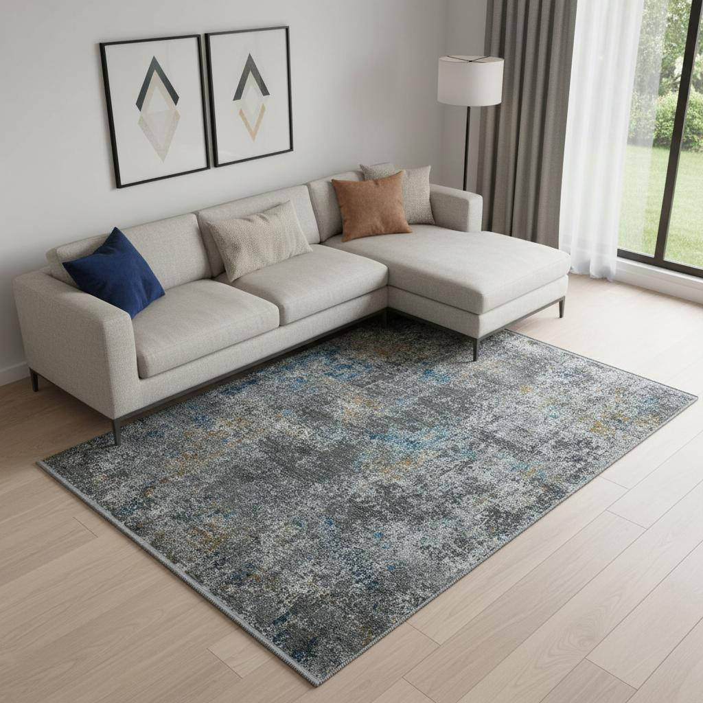 722505 7 x 10 ft. Blue & Gray Abstract Distressed Rectangle Area Rug with Fringe