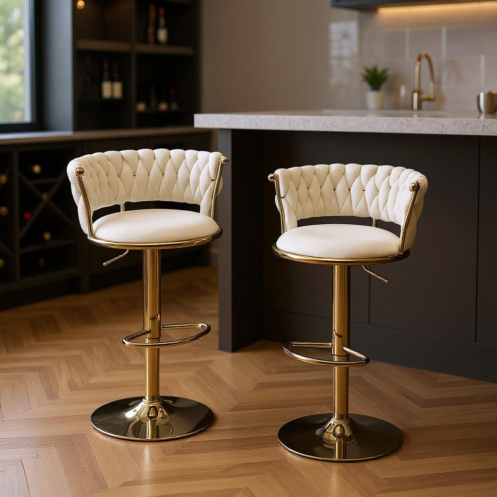 723805 Beige & Gold Velvet & Metal Low Back Adjustable Height Swivel Bar Chairs - Set of 2