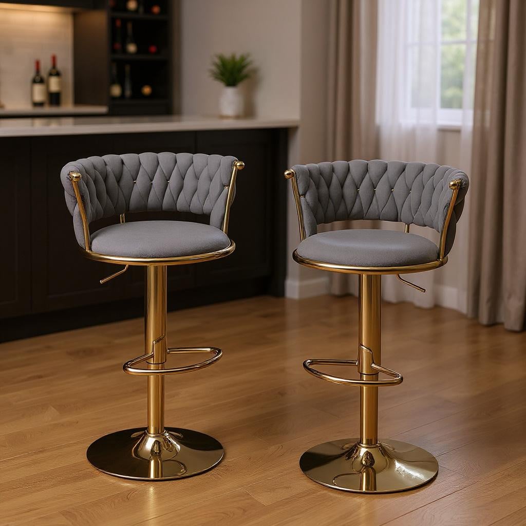 723806 Gray & Gold Velvet & Metal Low Back Adjustable Height Swivel Bar Chairs - Set of 2
