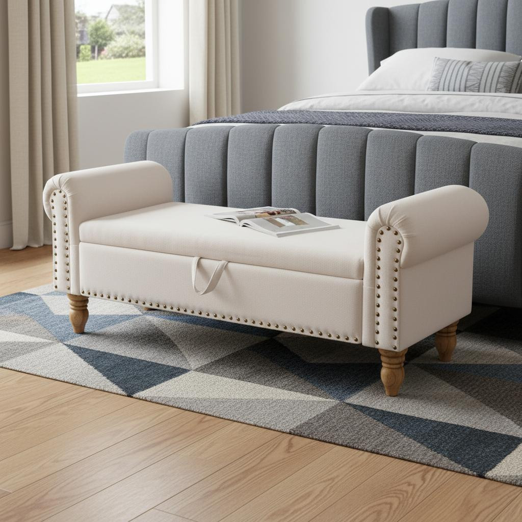 724169 55 in. Beige & Brown Linen & Solid Wood Upholstered Storage Bench with Flip Top