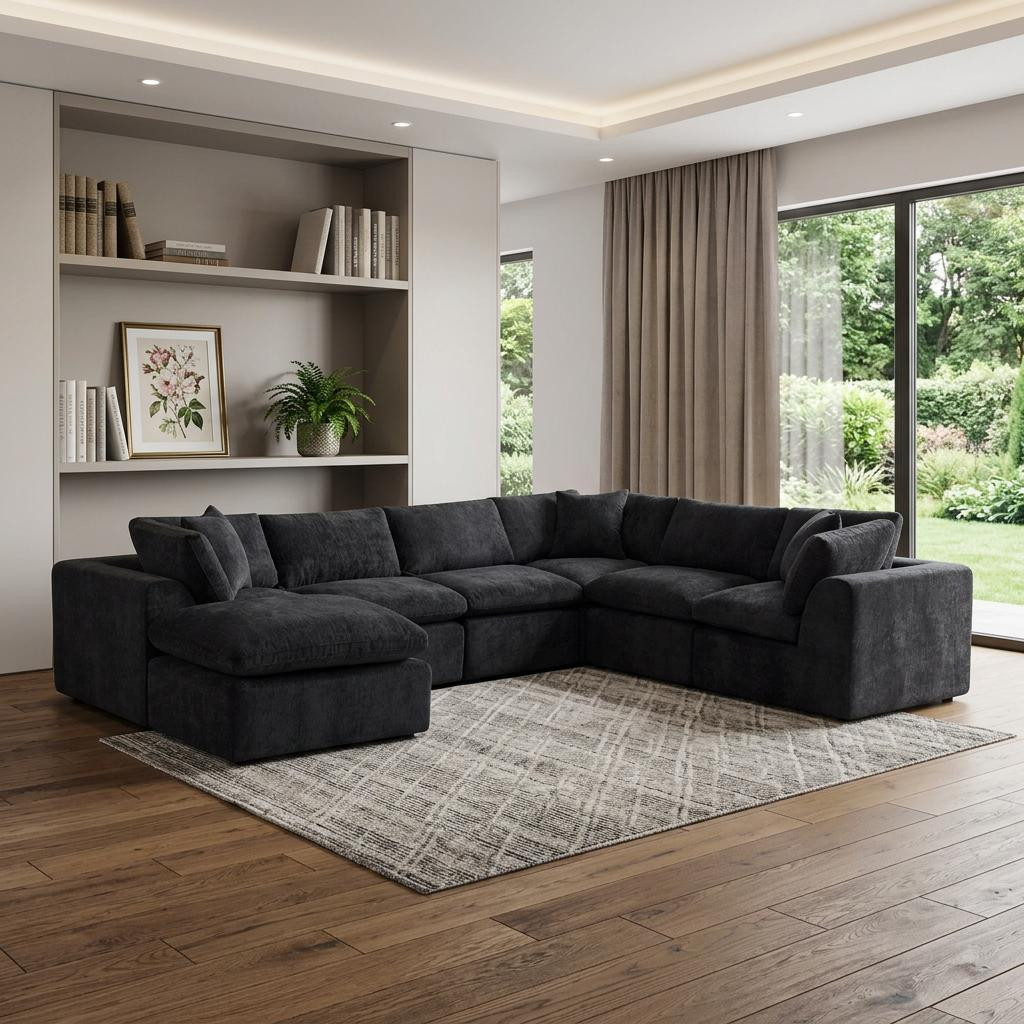 725207 138 in. Black Chenille Modular Sofa Chaise with Ottoman & Toss Pillows