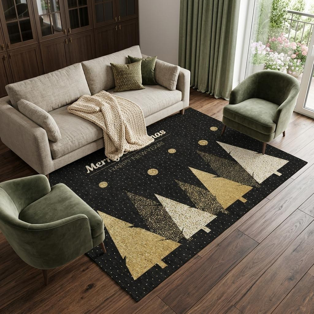 646468 9 x 12 ft. Black Gold & Ivory Christmas Tree Washable Rectangle Area Rug with UV Protection