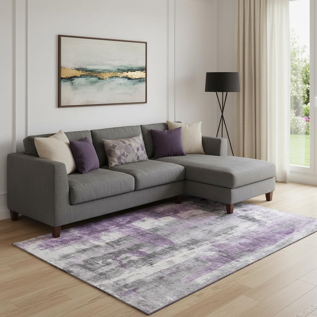 719284 8 x 10 ft. Purple Charcoal & Ivory Abstract Washable Rectangle Area Rug with UV Protection