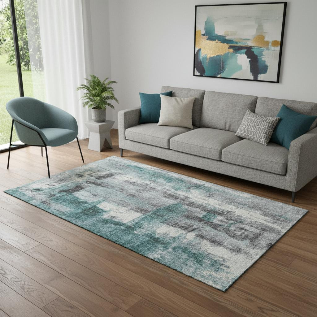 719288 5 x 8 ft. Teal Charcoal & Ivory Abstract Washable Rectangle Area Rug with UV Protection