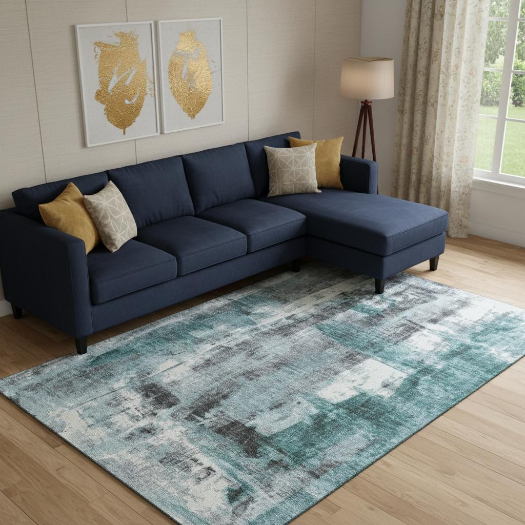 719291 9 x 12 ft. Teal Charcoal & Ivory Abstract Washable Rectangle Area Rug with UV Protection