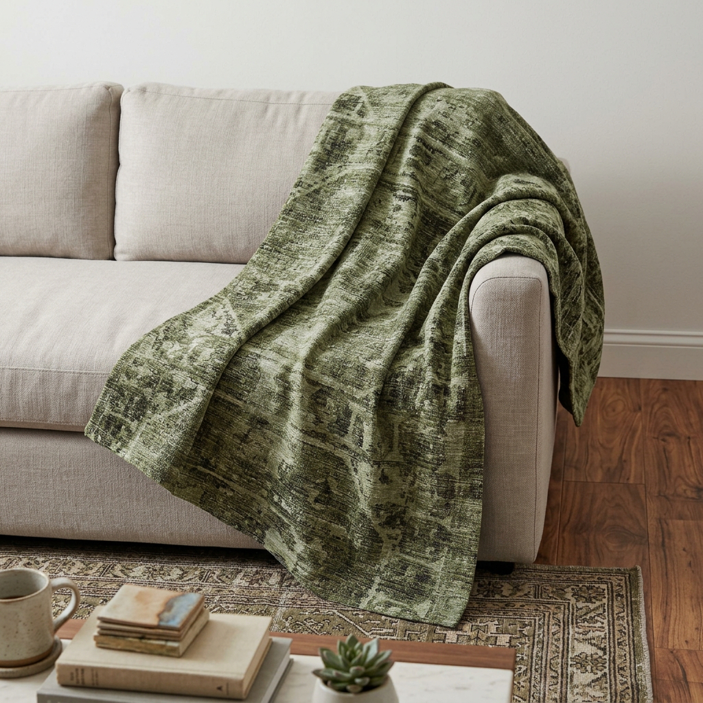 712280 50 x 70 in. Olive Green & Beige Damask Polyester Woven Plush Throw Blanket