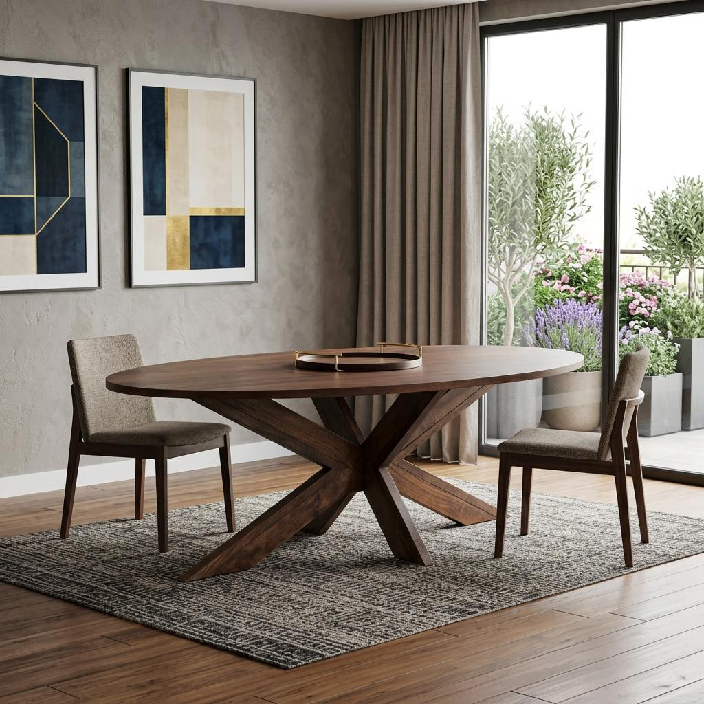 635808 92 in. Brown Solid Wood Cross Leg Base Oval Dining Table