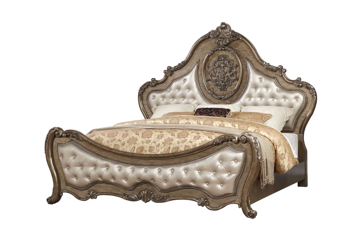 73 x 89 x 76 in. Polyurethane Vintage Oak Wood Upholstery Queen Bed