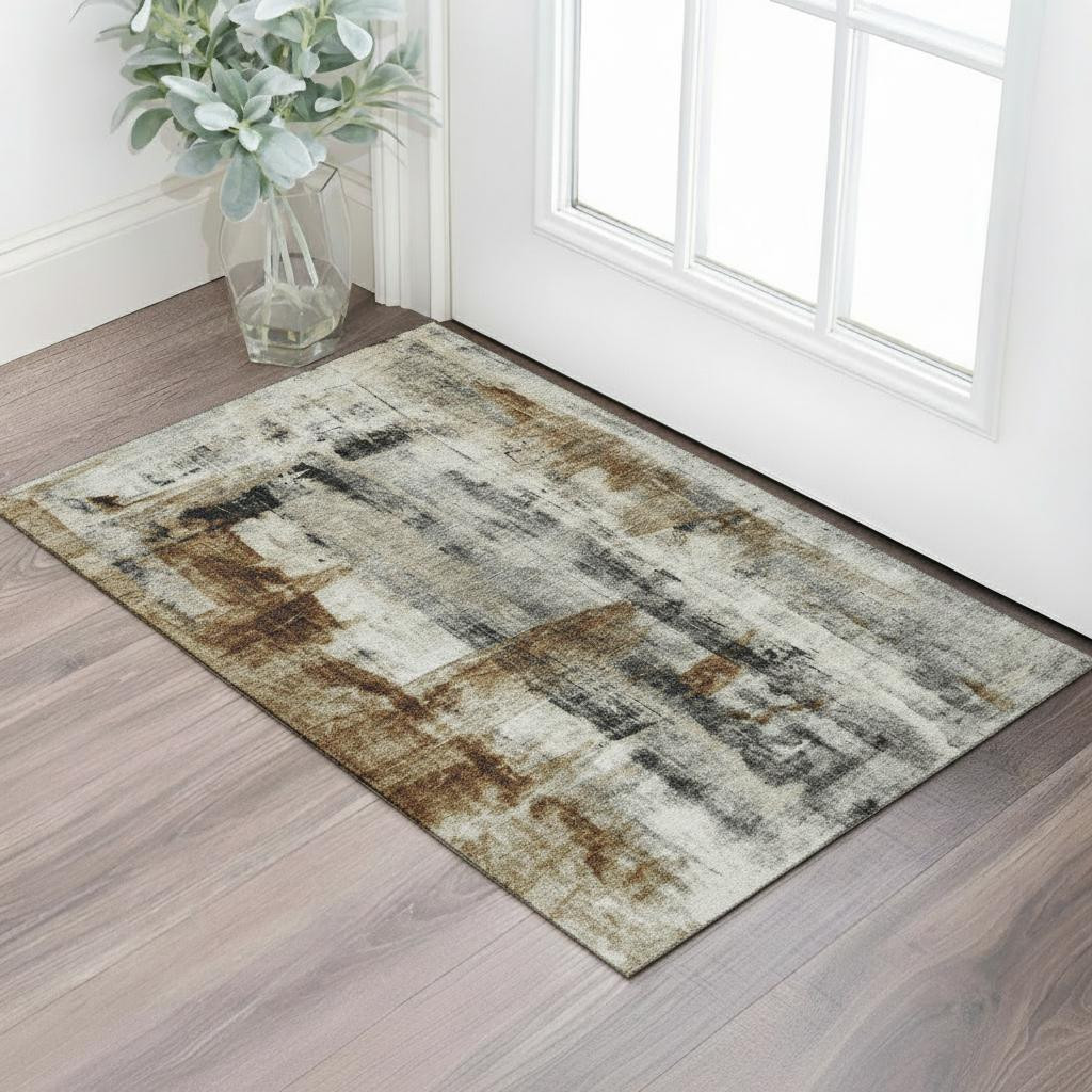 719293 3 x 5 ft. Taupe Charcoal & Brown Abstract Washable Rectangle Area Rug with UV Protection