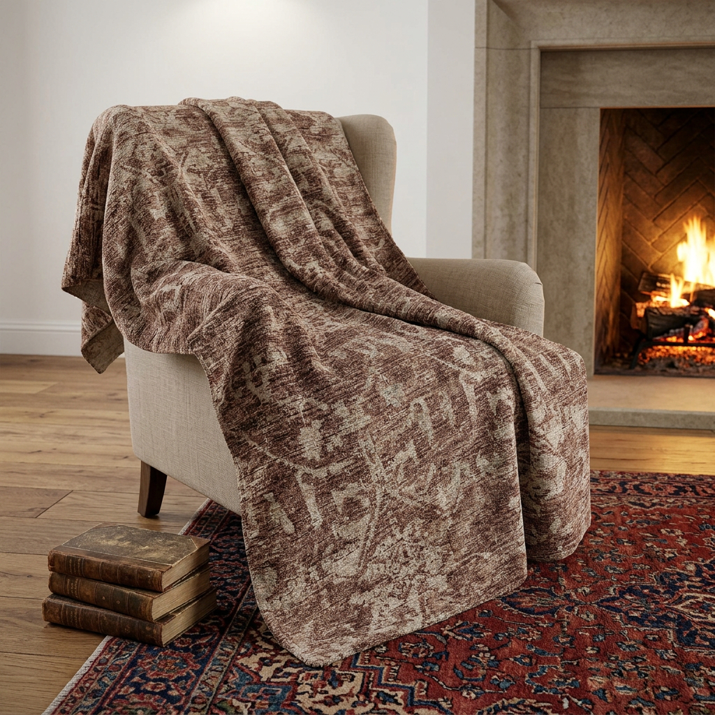 712277 50 x 70 in. Chocolate & Beige Damask Polyester Woven Plush Throw Blanket
