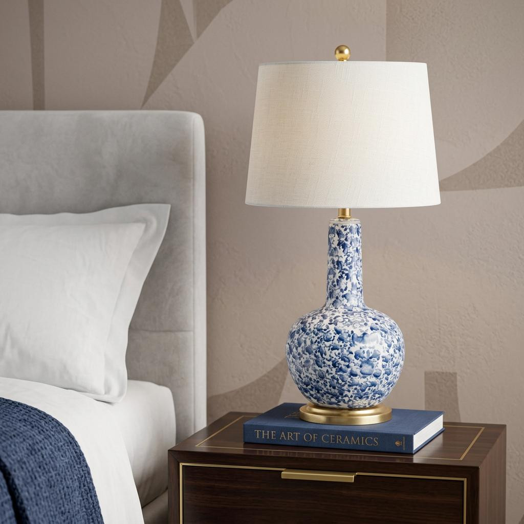 716081 30 in. Blue White & Gold Gourd Table Lamp with Drum Shade