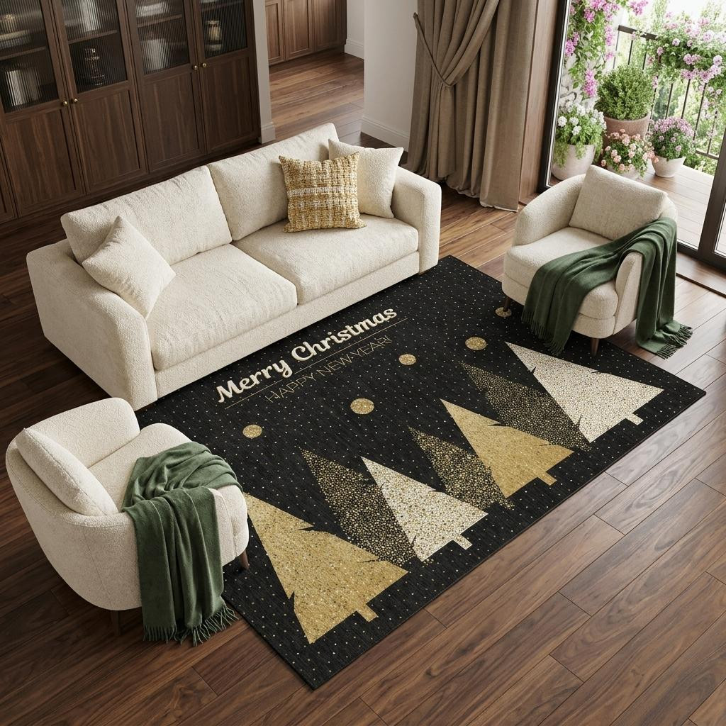 646469 10 x 14 ft. Black Gold & Ivory Christmas Tree Washable Rectangle Area Rug with UV Protection